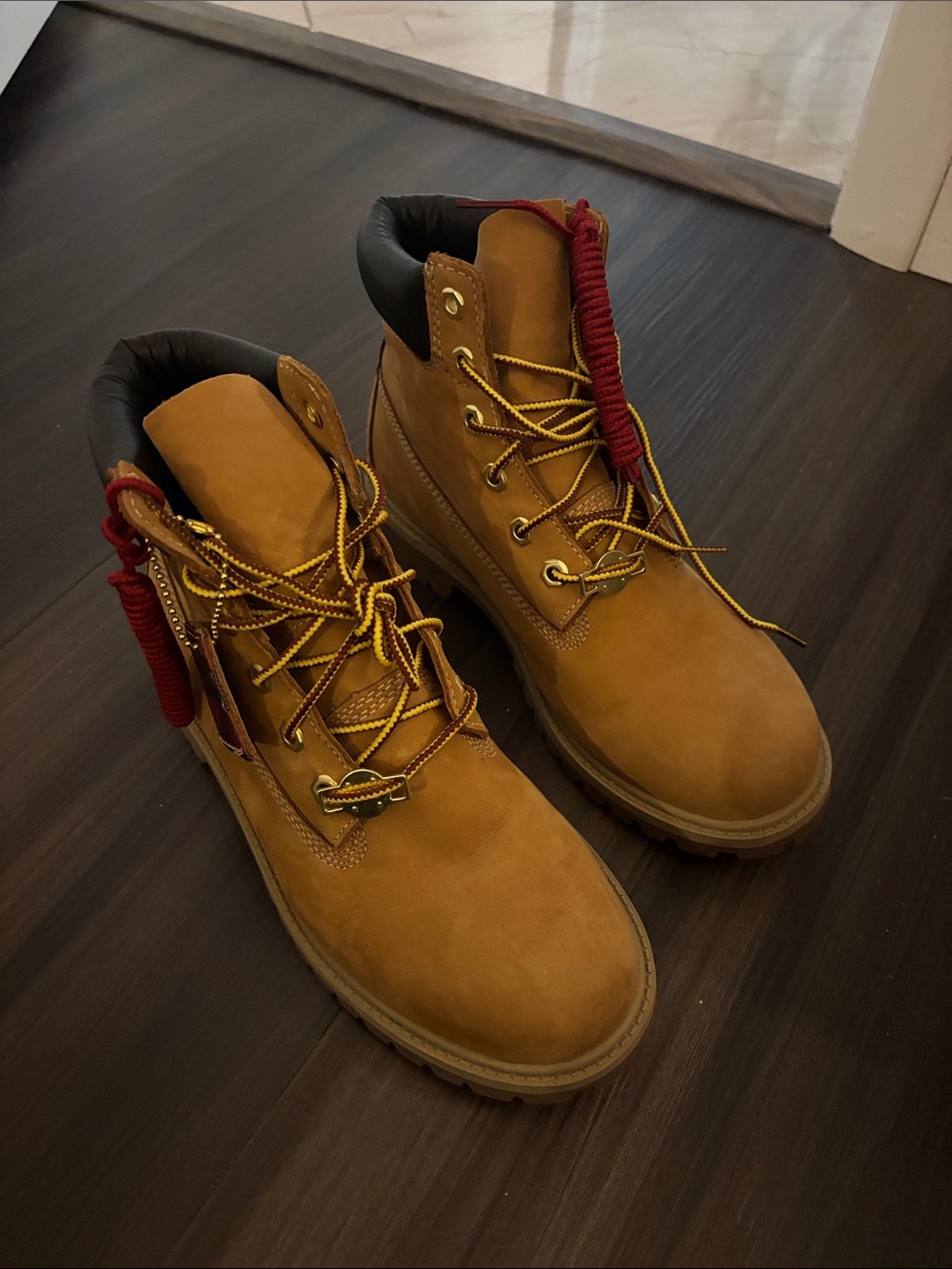 Timberland Wheat Nubuck Work Boots with Red Lace Accents